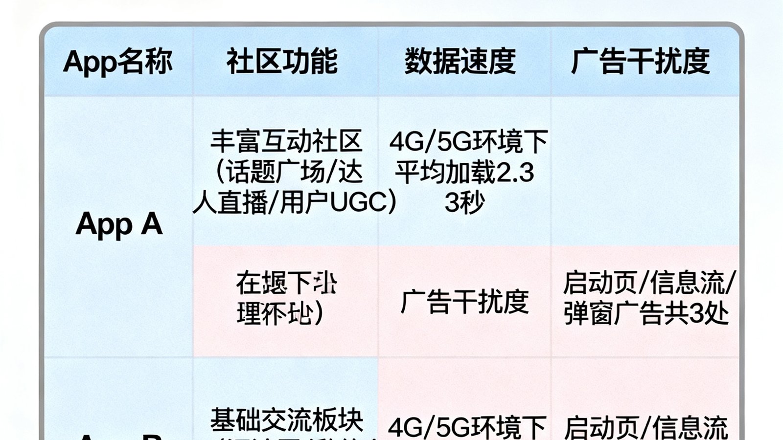 对比表格展示两款App的社区功能、数据速度与广告干扰度差异